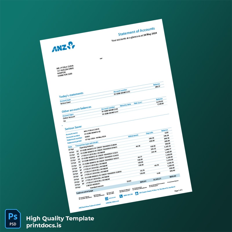 New Zealand ANZ Bank Statement Template in Word and PDF formats