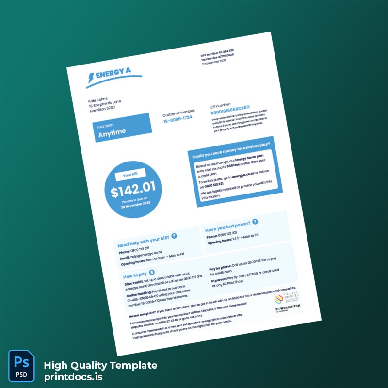 New Zealand EnergyA Editable Electricity Bill Template in Word and PDF formats