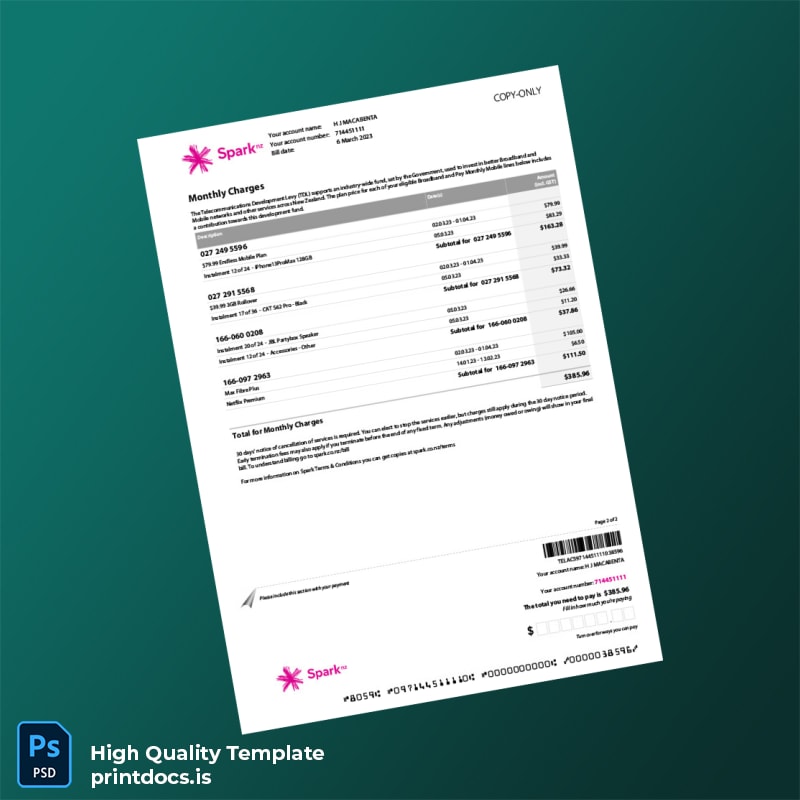 New Zealand Spark New Zealand Trading Ltd Editable Billing Summary Template in Word and PDF formats page 2