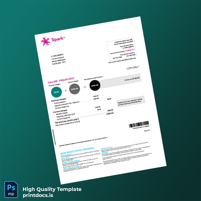 New Zealand Spark New Zealand Trading Ltd Editable Billing Summary Template in Word and PDF formats