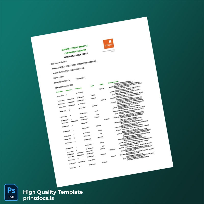 Nigeria Guaranty Trust Bank Account Statement Template in Word and PDF formats