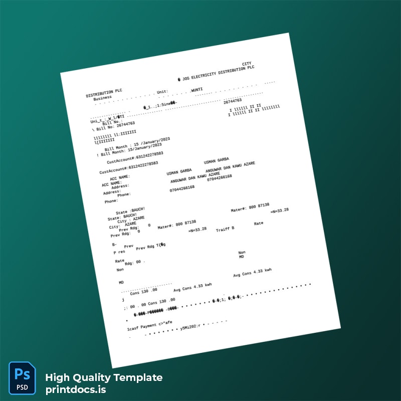 Nigeria Jos Electricity Distribution PLC Editable Utility Bill Template in Word and PDF formats