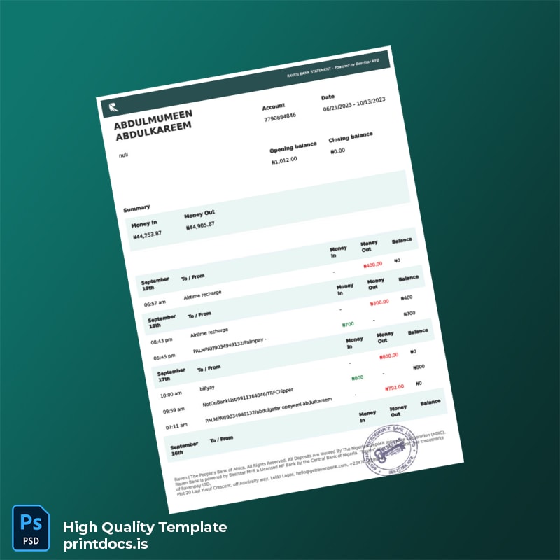 Nigeria Raven Bank Statement Template in Word and PDF formats