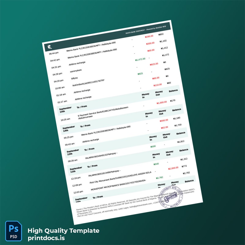 Nigeria Raven Bank Statement Template in Word and PDF formats page 2