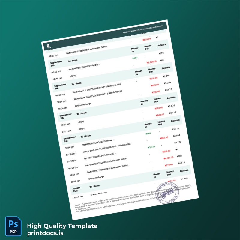 Nigeria Raven Bank Statement Template in Word and PDF formats page 3