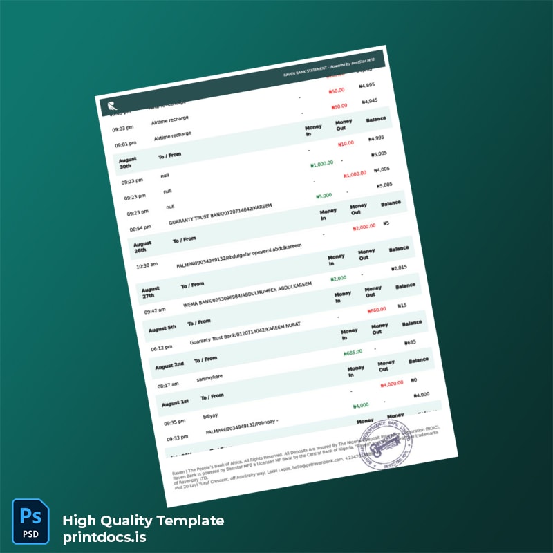 Nigeria Raven Bank Statement Template in Word and PDF formats page 4