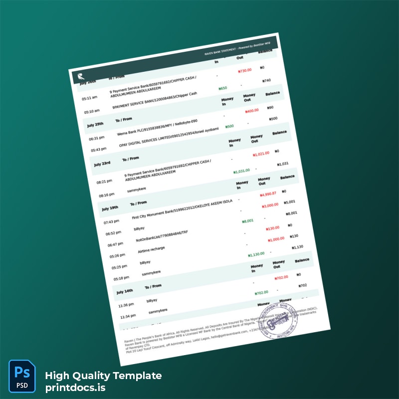Nigeria Raven Bank Statement Template in Word and PDF formats page 5