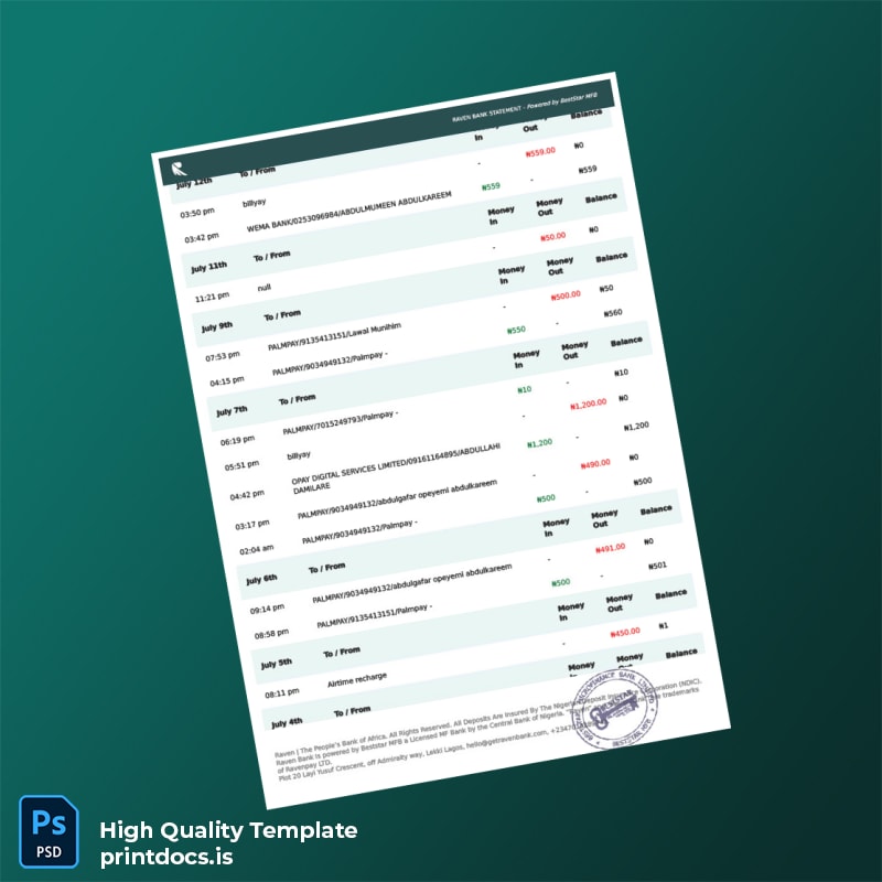 Nigeria Raven Bank Statement Template in Word and PDF formats page 6