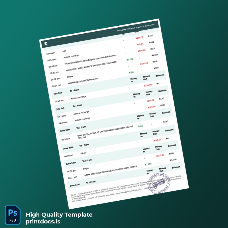 Nigeria Raven Bank Statement Template in Word and PDF formats page 7