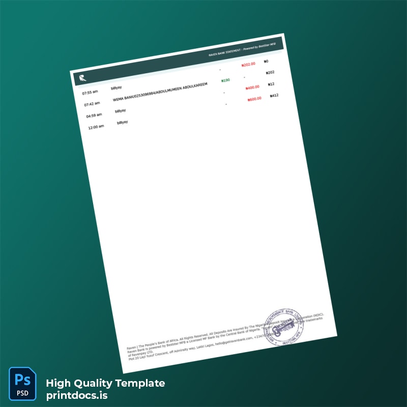 Nigeria Raven Bank Statement Template in Word and PDF formats page 8