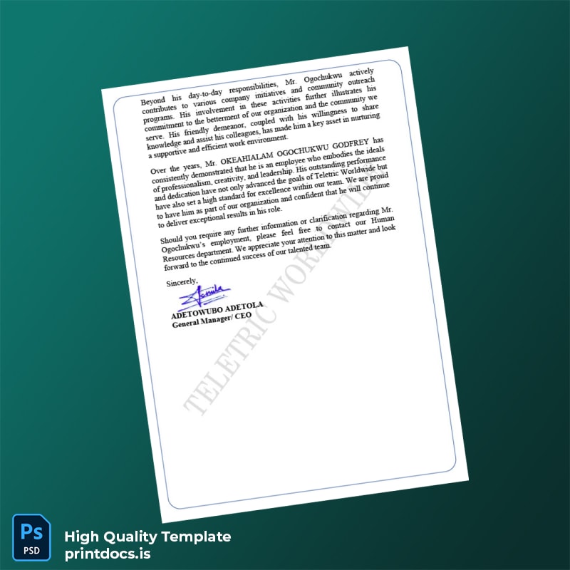 Printable Nigeria Teletric Worldwide Employment Verification Letter Template in Word and PDF formats page 2 Image Preview - PrintDocs