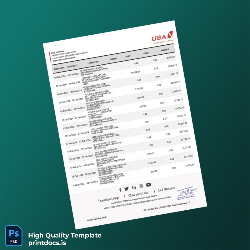 Nigeria UBA Group Bank Statement Template in Word and PDF formats page 2