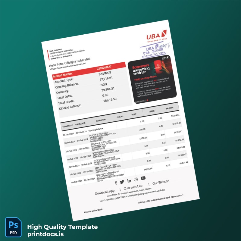 Nigeria UBA Group Bank Statement Template in Word and PDF formats