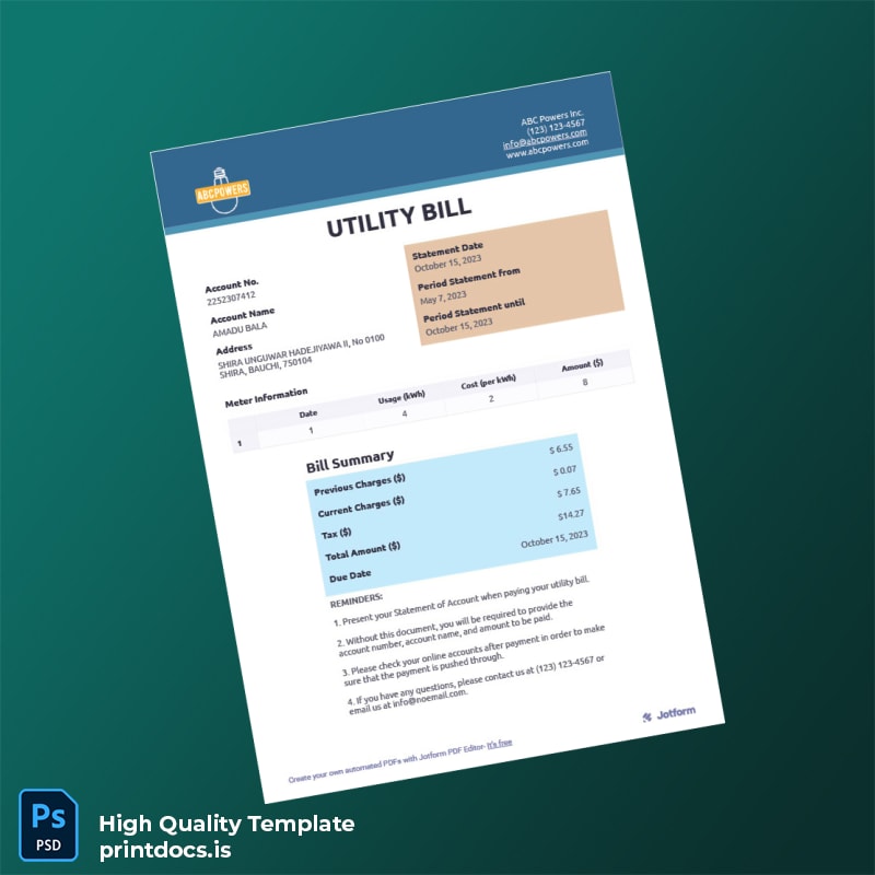 Nigeria Utility Company Editable Utility Bill Template in Word and PDF formats
