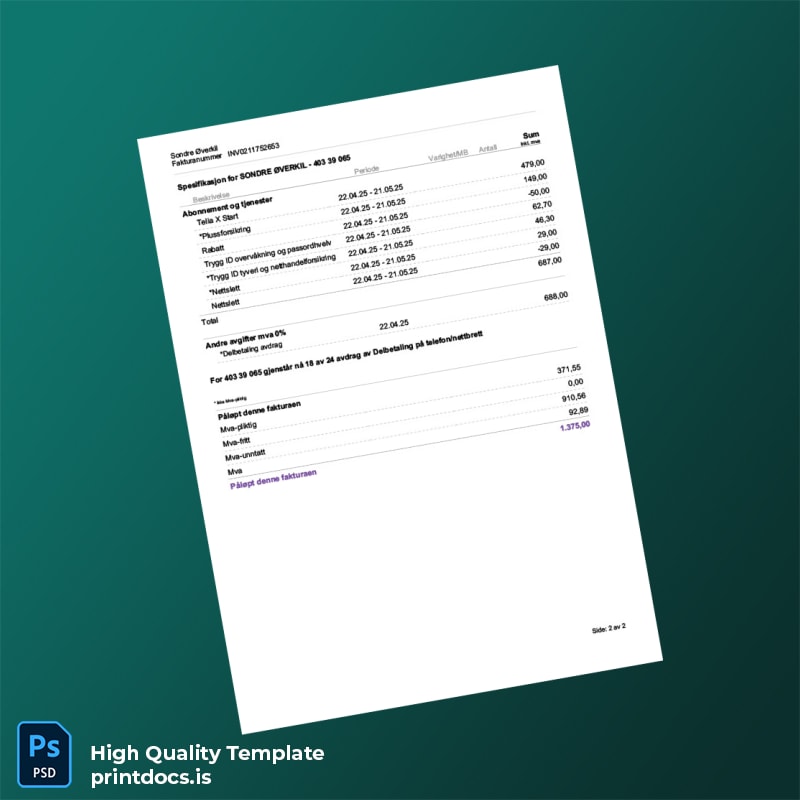 Norway Telia Norge AS Editable Phone Bill Template in Word and PDF formats page 2