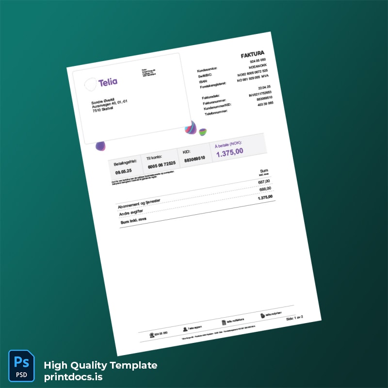 Norway Telia Norge AS Editable Phone Bill Template in Word and PDF formats