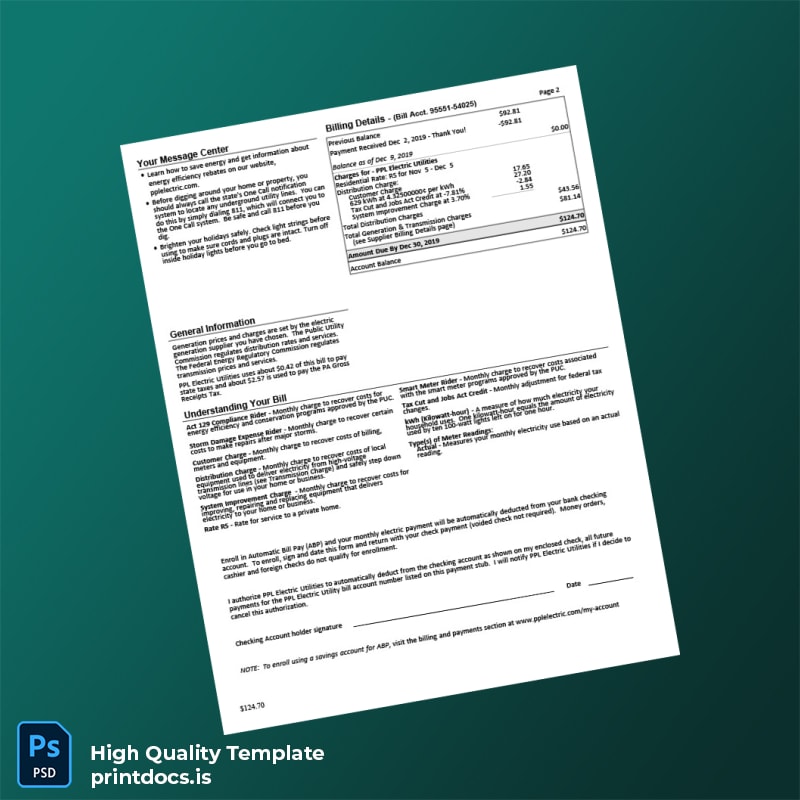 PPL Electric Utilities Editable Electricity Bill Template in Word and PDF formats page 2