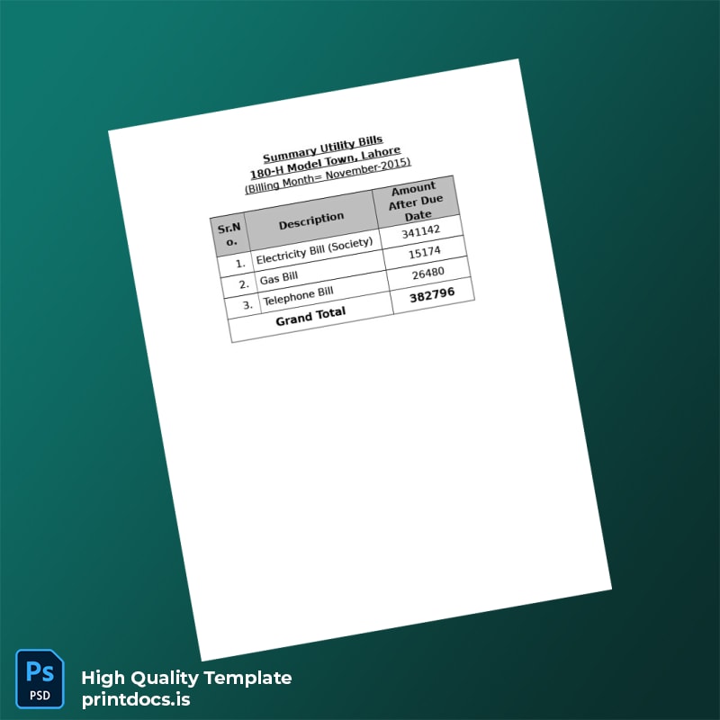 Pakistan 180-H Model Town Editable Utility Bill Template in Word and PDF formats page 2
