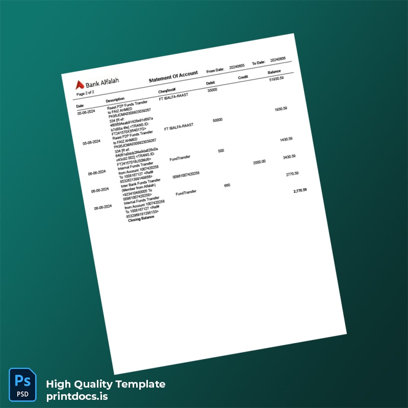 Pakistan Alfalah Bank Editable Bank Statement Template in Word and PDF formats page 2