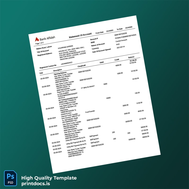 Pakistan Alfalah Bank Editable Bank Statement Template in Word and PDF formats