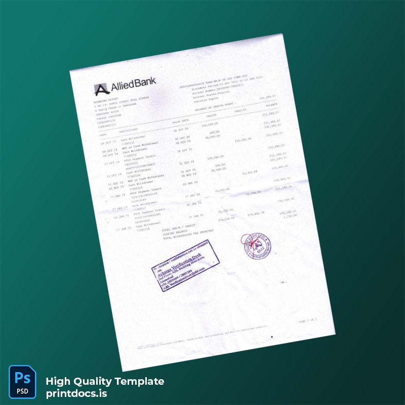 Pakistan Allied Bank Statement Template in Word and PDF formats page 2