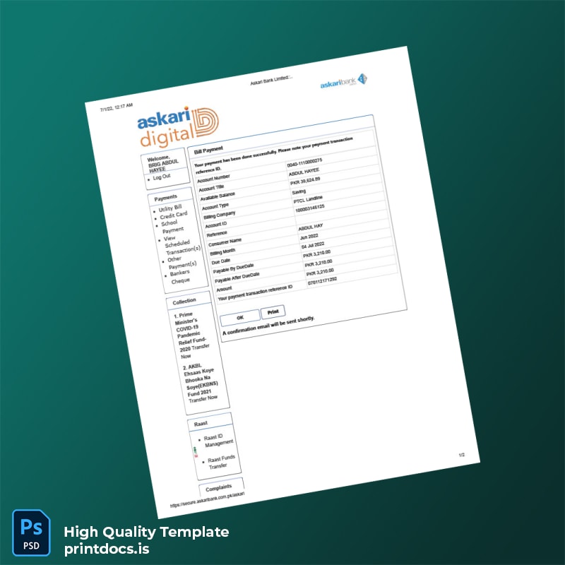 Pakistan Askari Bank Limited Editable Internet Bill Template in Word and PDF formats