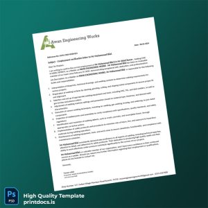 Printable Pakistan Awan Engineering Works Employment Verification Letter Template (Word & PDF) Image Preview - PrintDocs