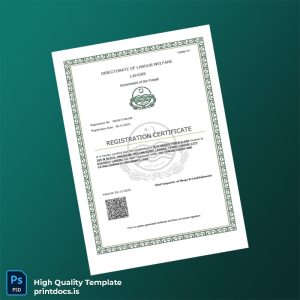 Printable Pakistan Directorate of Labour Welfare Registration Certificate Template (Word & PDF) Image Preview