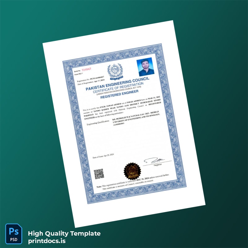 Printable Pakistan Engineering Council Registration Certificate Template (Word & PDF) Image Preview