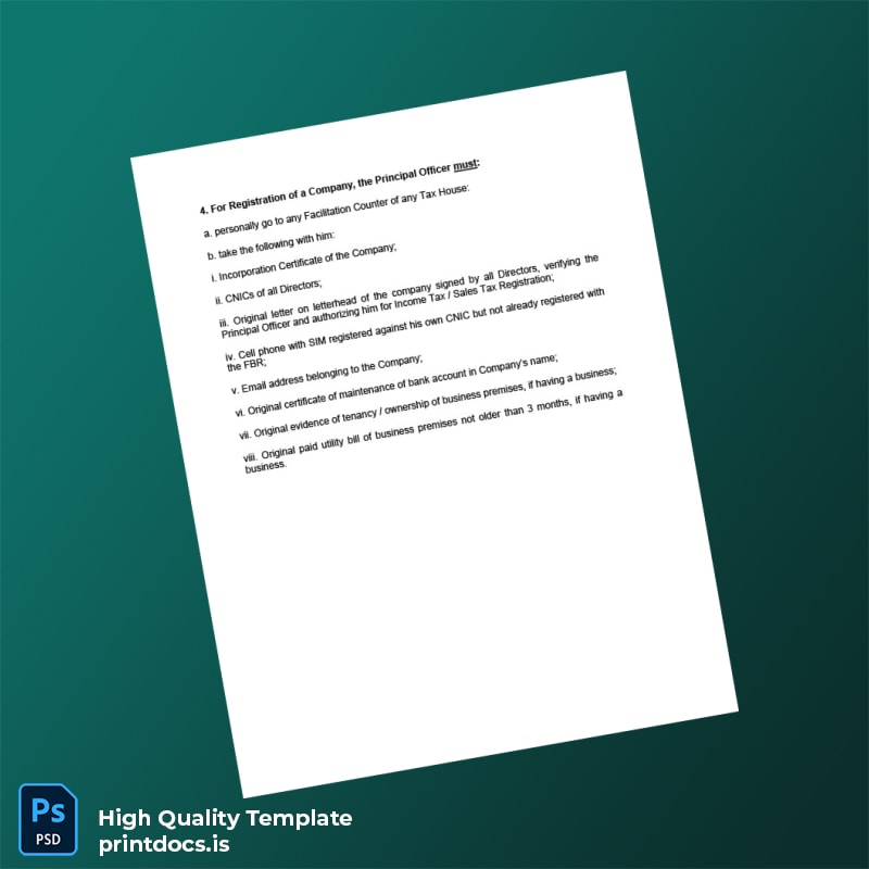 Pakistan FBR Editable Tax Registration Requirements Template in Word and PDF formats