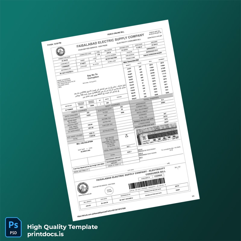 Pakistan Faisalabad Electric Supply Company Editable Electricity Bill Template in Word and PDF formats