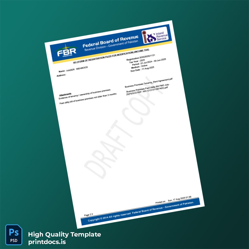 Pakistan Federal Board Of Revenue - Government Of Pakistan Editable Income Tax Registration Form Template in Word and PDF format page 2