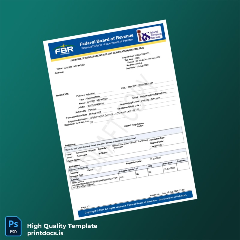Pakistan Federal Board Of Revenue - Government Of Pakistan Editable Income Tax Registration Form Template in Word and PDF format