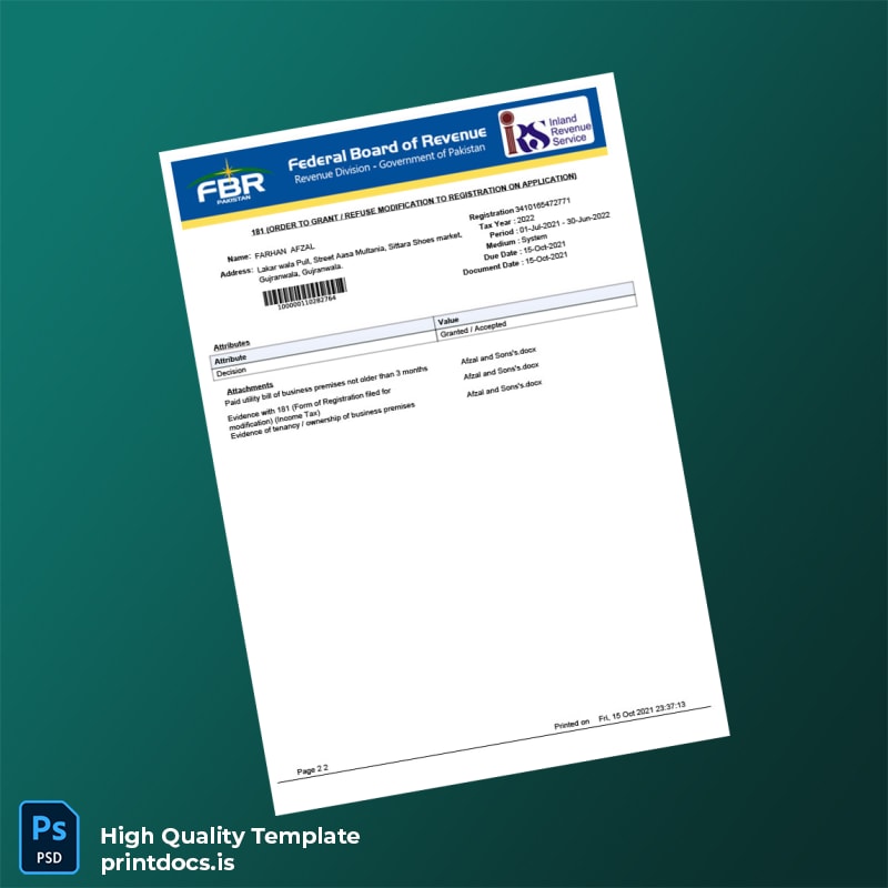 Pakistan Government Editable Tax Registration Modification Order Template in Word and PDF formats page 2