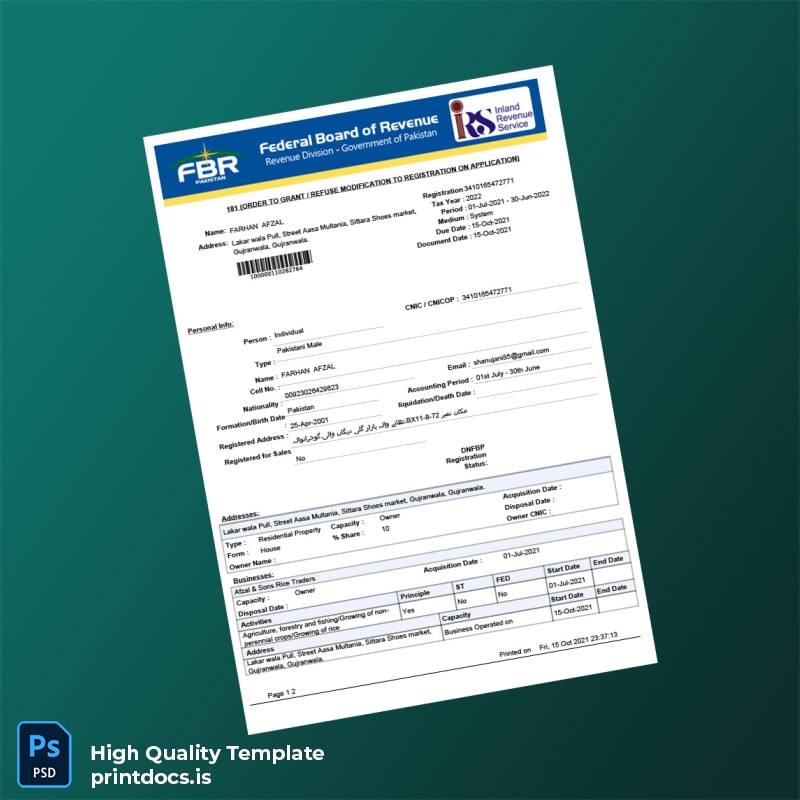 Pakistan Government Editable Tax Registration Modification Order Template in Word and PDF formats