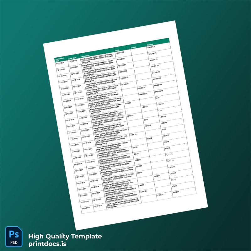 Pakistan HBL Mobile Editable Bank Statement Template in Word and PDF formats page 2