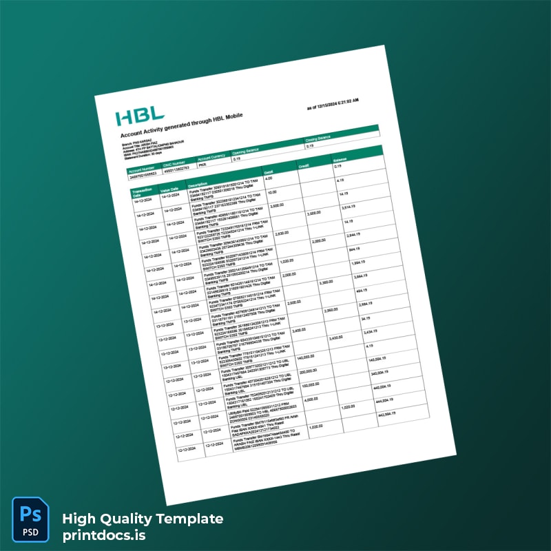 Pakistan HBL Mobile Editable Bank Statement Template in Word and PDF formats