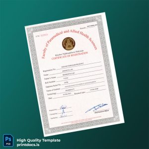 Printable Pakistan Khyber Pakhtunkhwa Pharmacy Registration Certificate Template (Word & PDF) Image Preview