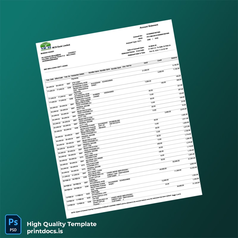 Pakistan MCB Bank Statement Template in Word and PDF formats page 2