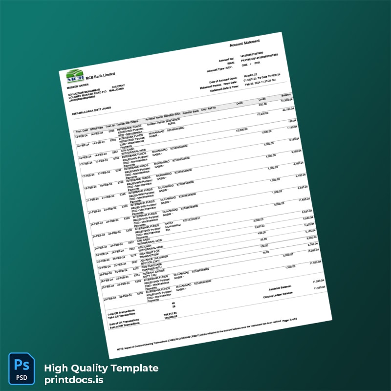 Pakistan MCB Bank Statement Template in Word and PDF formats page 3