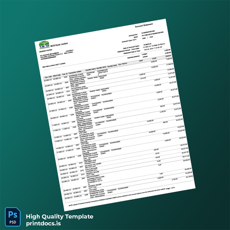 Pakistan MCB Bank Statement Template in Word and PDF formats