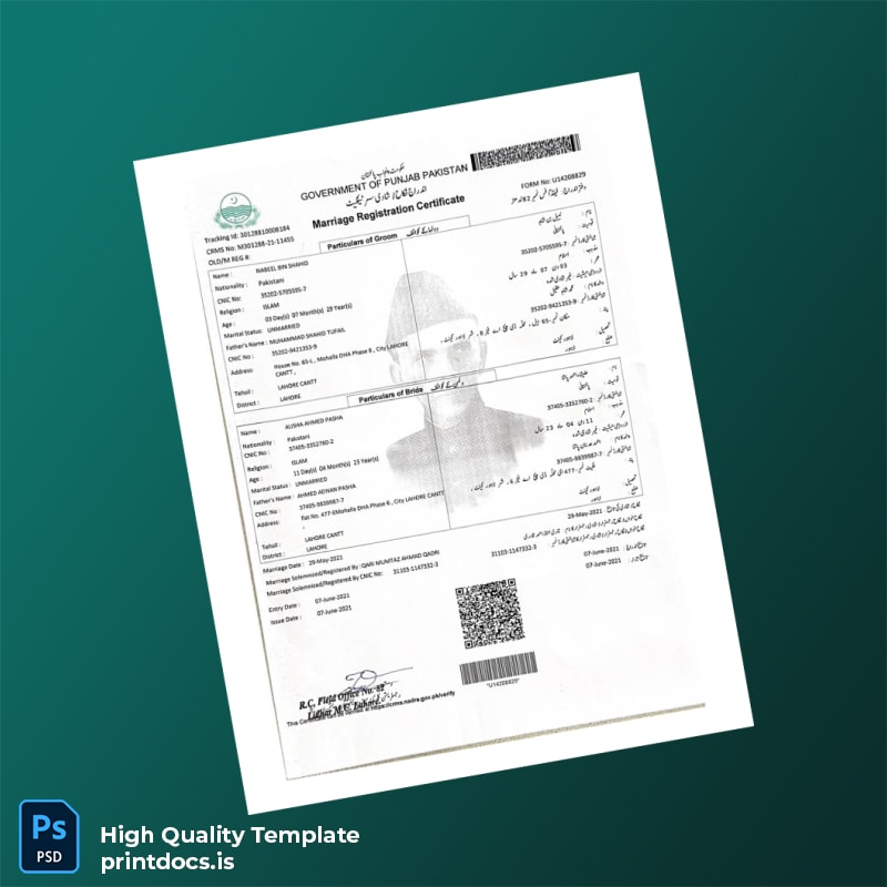 Printable Pakistan Marriage Registration Certificate Template (Word & PDF) Image Preview