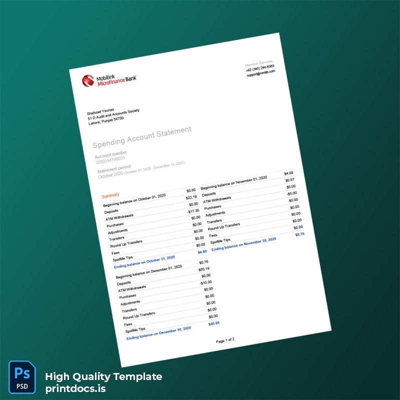 Pakistan Mobilink Bank Statement Template in Word and PDF formats