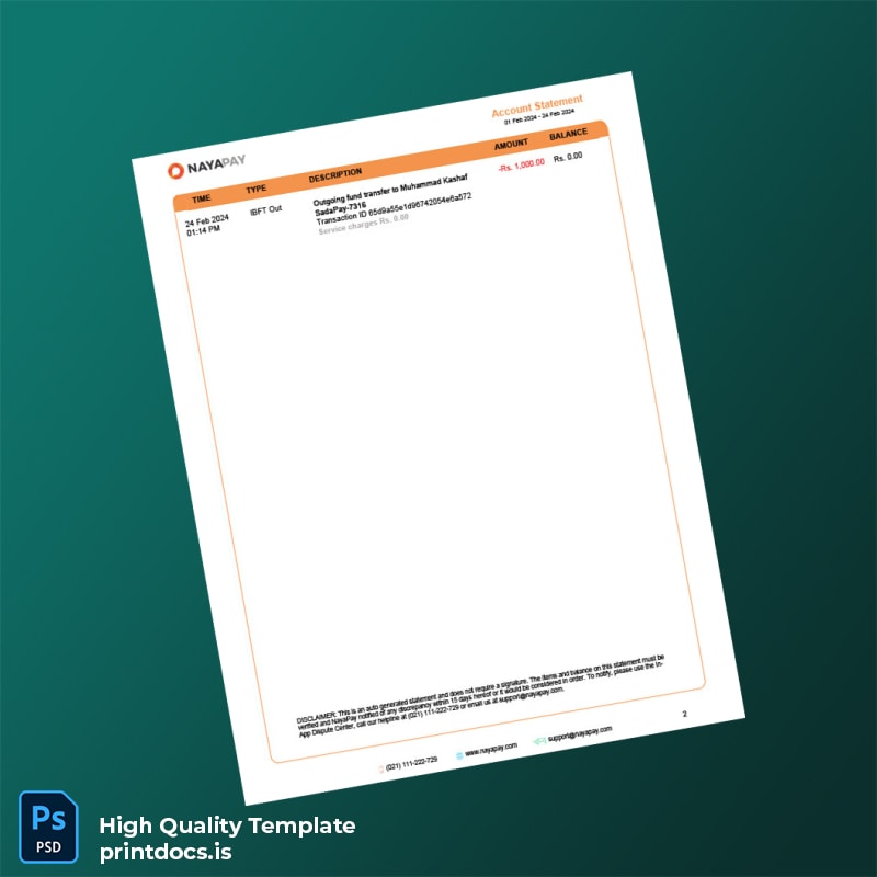 Pakistan NayaPay Account Statement Template in Word and PDF formats page 2