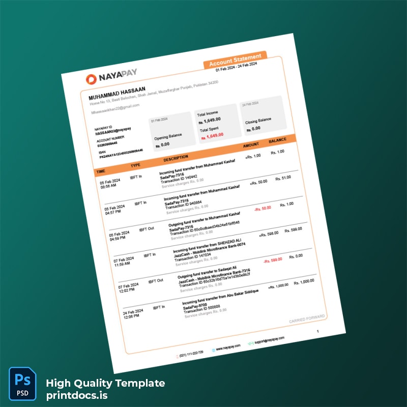Pakistan NayaPay Account Statement Template in Word and PDF formats