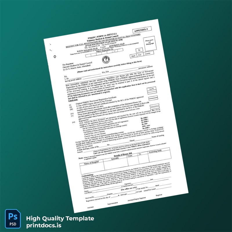 Printable Pakistan Pakistan Medical Dental Council Business Registration Certificate Template (Word & PDF) Image Preview