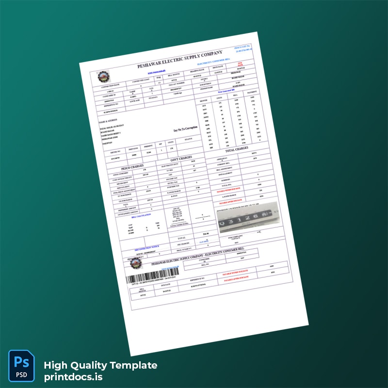 Pakistan Peshawar Electric Supply Company PESCO Editable Electricity Bill Template in Word and PDF formats