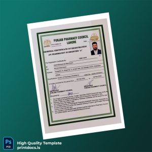 Printable Pakistan Punjab Pharmacy Council Registration Certificate Template (Word & PDF) Image Preview - PrintDocs