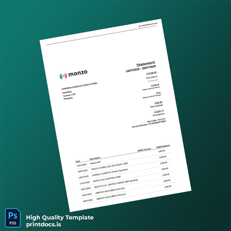 Paraguay Monzo Bank Statement Template in Word and PDF formats
