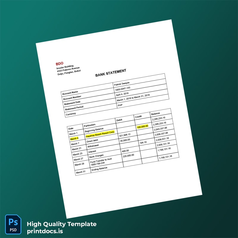 Philippines BDO Bank Statement Template in Word and PDF formats page 2